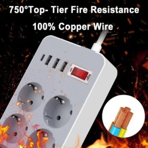 10-In-1 Power Strip Multi Outlet Socket with 1.2-Meter Long Cord 6 Outlet 4 USB Port for Home Office Hotel EU Plug