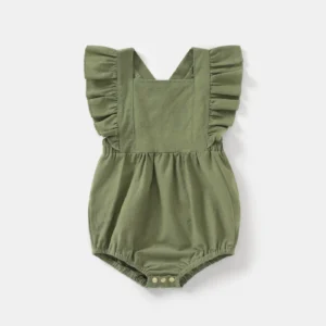 100% Cotton Ribbed and Solid Splicing Sleeveless Belted Romper for Mom and Me