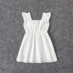 100% Cotton White Hollow-Out Floral Embroidered Ruffle Sleeveless Dress for Mom and Me