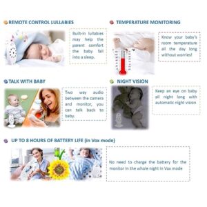 2inch Display Video Baby Monitor with Camera and Audio Remote Wide View Two Way Audio Talk Infrared Night Vision 8 Lullabies