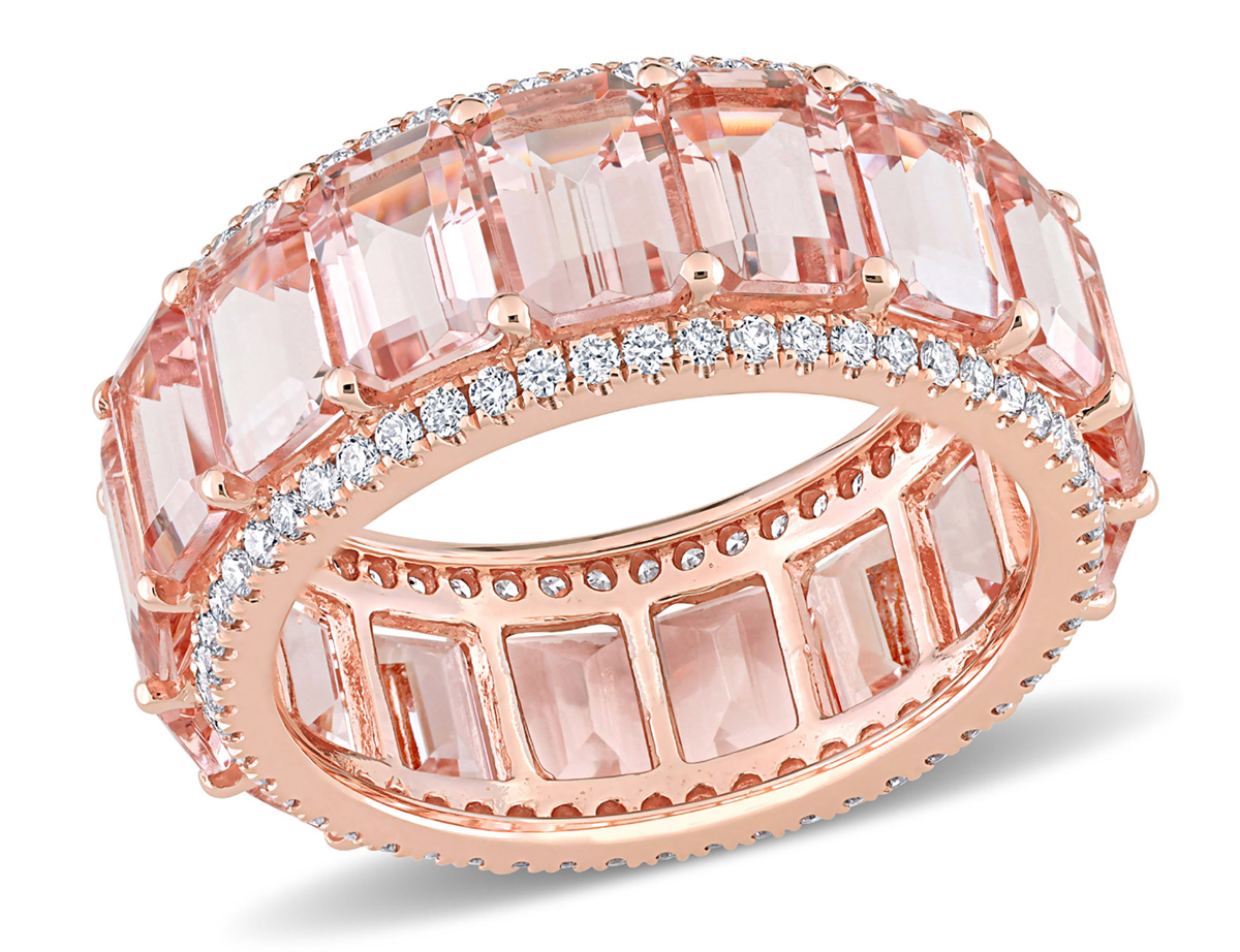 9.35 Carat (ctw) Emerald-Cut Morganite Band Ring in 14K Rose Pink Gold with Diamonds 9.35 Carat (ctw) Emerald-Cut Morganite Band Ring in 14K Rose Pink Gold with Diamonds