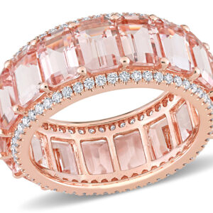 9.35 Carat (ctw) Emerald-Cut Morganite Band Ring in 14K Rose Pink Gold with Diamonds