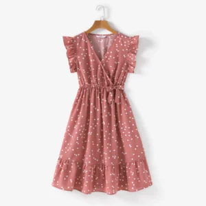 All Over Dots Pink Cross Wrap V Neck Ruffle Flutter-sleeve Dress for Mom and Me