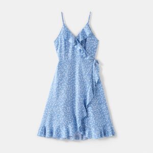 All Over Dots Print Blue Sleeveless Spaghetti Strap V Neck Ruffle Wrap Dress for Mom and Me