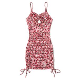 All Over Red Floral Print Spaghetti Strap Drawstring Ruched Bodycon Dress for Mom and Me