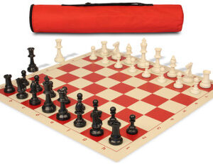 Archer's Bag Standard Club Plastic Chess Set Black & Ivory Pieces - Red