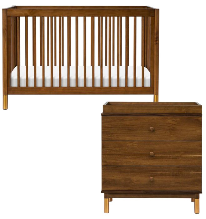 Babyletto Gelato 4-in-1 Convertible Crib + 3-Drawer Changer Dresser Bundle - Natural Walnut & Gold Feet Babyletto Gelato 4-in-1 Convertible Crib + 3-Drawer Changer Dresser Bundle - Natural Walnut & Gold Feet