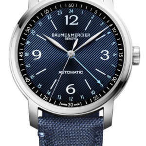 Baume & Mercier Classima 42mm Watch with Sun-Satin Blue Dial and Fabric Strap