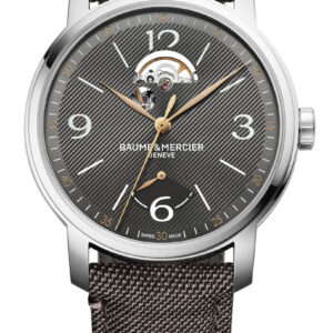 Baume & Mercier Classima 42mm Watch with Sun-Satin Grey Dial and Light Brown Fabric Strap