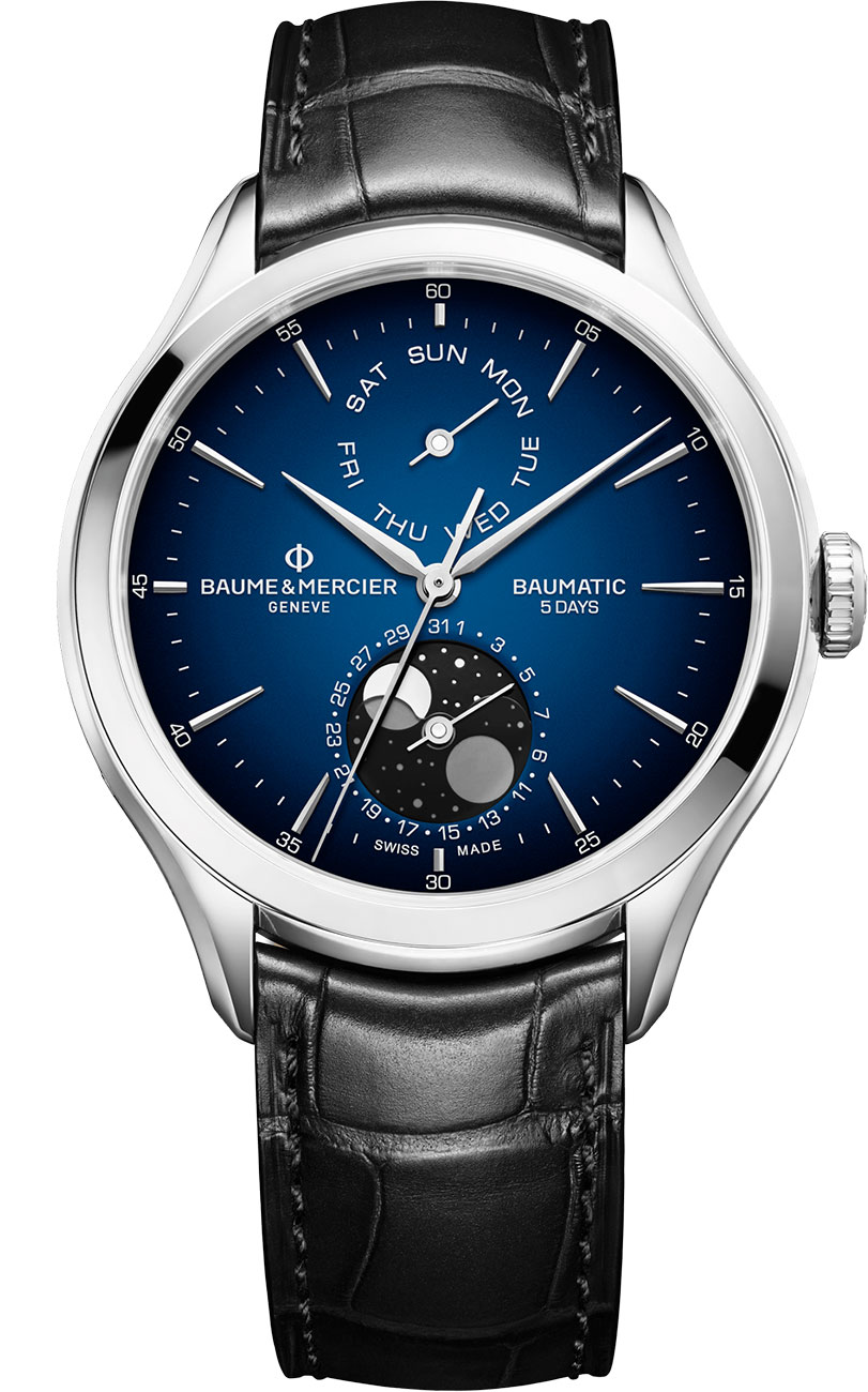 Baume & Mercier Clifton Moon Phase Blue Gradient Dial Black Leather Strap Watch, 42mm Baume & Mercier Clifton Moon Phase Blue Gradient Dial Black Leather Strap Watch, 42mm