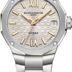 Baume & Mercier Riviera 33mm Watch with Sun-Satin Gilded Dial and Steel Bracelet