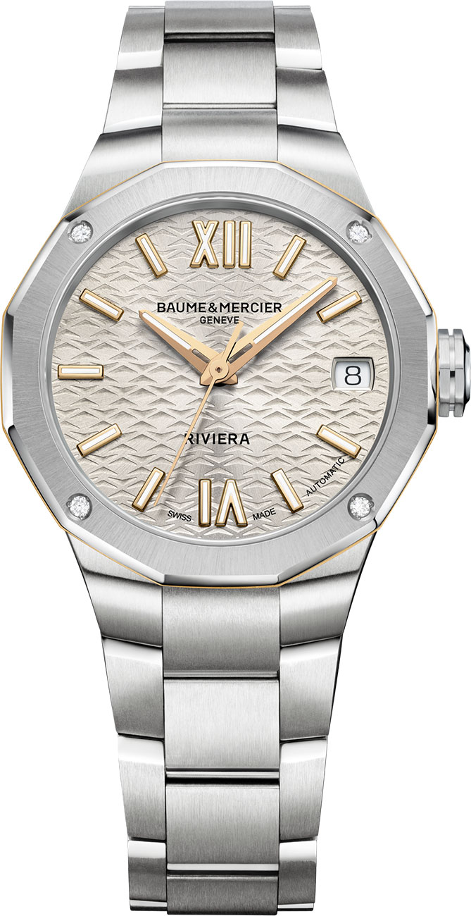 Baume & Mercier Riviera 33mm Watch with Sun-Satin Gilded Dial and Steel Bracelet Baume & Mercier Riviera 33mm Watch with Sun-Satin Gilded Dial and Steel Bracelet