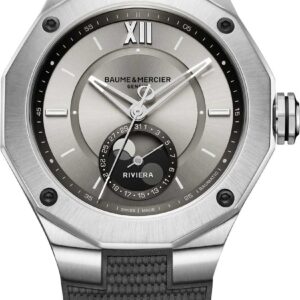 Baume & Mercier Riviera Automatic Moon Phase Sand Dial Grey Rubber Strap Watch, 43mm
