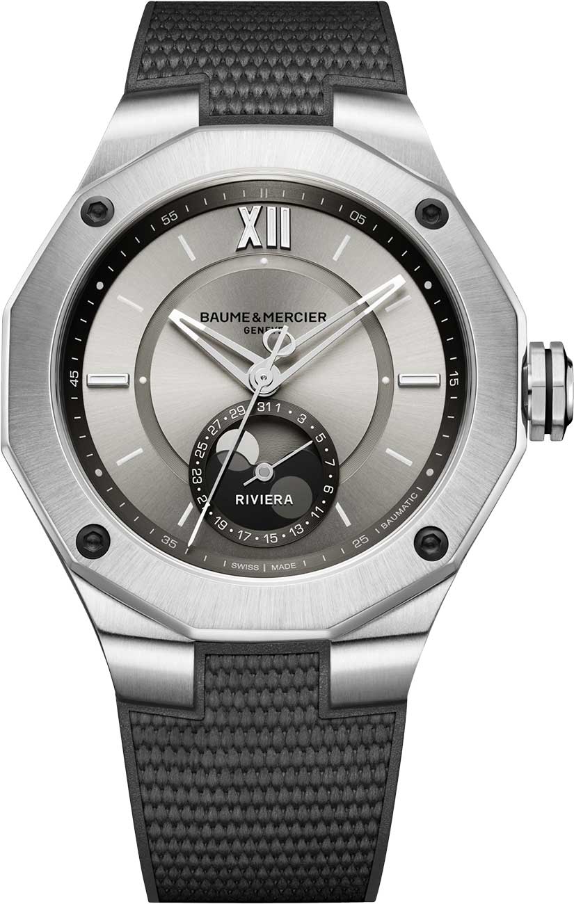 Baume & Mercier Riviera Automatic Moon Phase Sand Dial Grey Rubber Strap Watch, 43mm Baume & Mercier Riviera Automatic Moon Phase Sand Dial Grey Rubber Strap Watch, 43mm