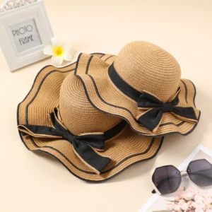 Big Bow Decor Wavy Edge Two Tone Straw Hat for Mom and Me
