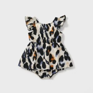Black Ribbed U Neck Sleeveless Belted Splicing Leopard Romper for Mom and Me