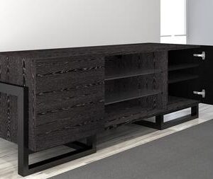 FT70ST 70" Deco Collectio Console TV with Adjustable Tempered Glass Shelves Engineered Graphite Veneer Finish Adjustable Wood Shelves and