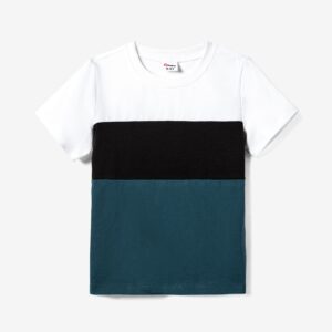 Family Matching Color-Block Tee and Lace Ruffle Hem Strap Dress Sets