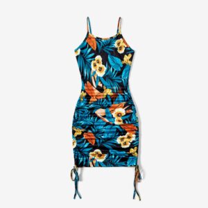 Family Matching Floral Panel T-shirt and Floral Ruched Drawstring Side Strap Dress Sets