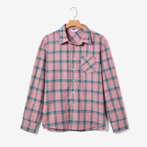 Family Matching Pink Long Sleeve Plaid Shirts Tops and Belted Mesh Dresses Sets