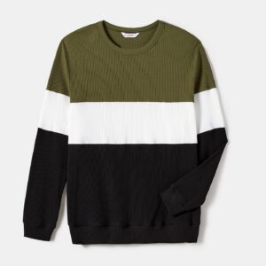 Family Matching Ribbed Solid Belted Dresses And Long Sleeve Colorblock Tops Sets
