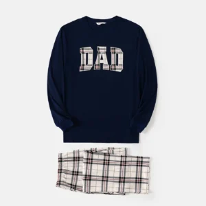 Family Matching School Grid Letter Print Patch Long Sleeve Pajamas Sets (Flame Resistant)