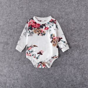 Floral Print Crewneck Drop Shoulder Long-sleeve Tops for Mom and Me