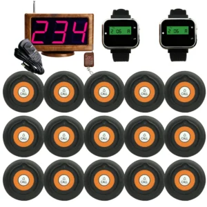 JINGLE BELLS 15 Button Transmitters 2 Watch Pager 1 Display Receiver Calling System for Restaurant,Hospital, Clinic, Bar
