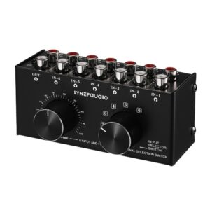 LYNEPAUAIO 6-In-1-Out Audio Switcher Audio Signal Selector Box Splitter Distributor with Volume Control RCA Jacks