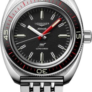Longines Ultra-Chron Black Dial w/ Red Accents SS Bracelet Watch, 43mm