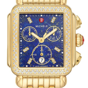 Michele Deco Chronograph Diamond Blue Lapis Dial & Gold-Tone SS Bracelet Watch, 33mm