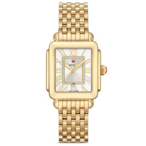 Michele Deco Madison Mid White Silver Sunray w/ Diamond Dial 18K Gold Bracelet Watch, 31mm