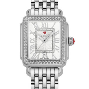 Michele Deco Madison Mid White Silver Sunray w/ Diamond Dial Stainless Steel Bracelet Watch, 29mm