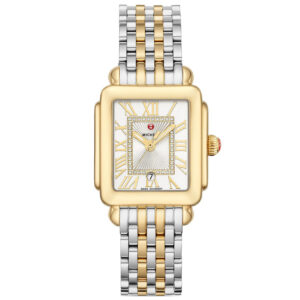 Michele Deco Madison Mid White Silver Sunray w/ Diamond Dial Two-Tone Silver & Gold Bracelet Watch, 31mm