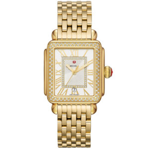 Michele Deco Madison White Silver w/ Diamond Dial 18K Gold Bracelet Watch, 33mm