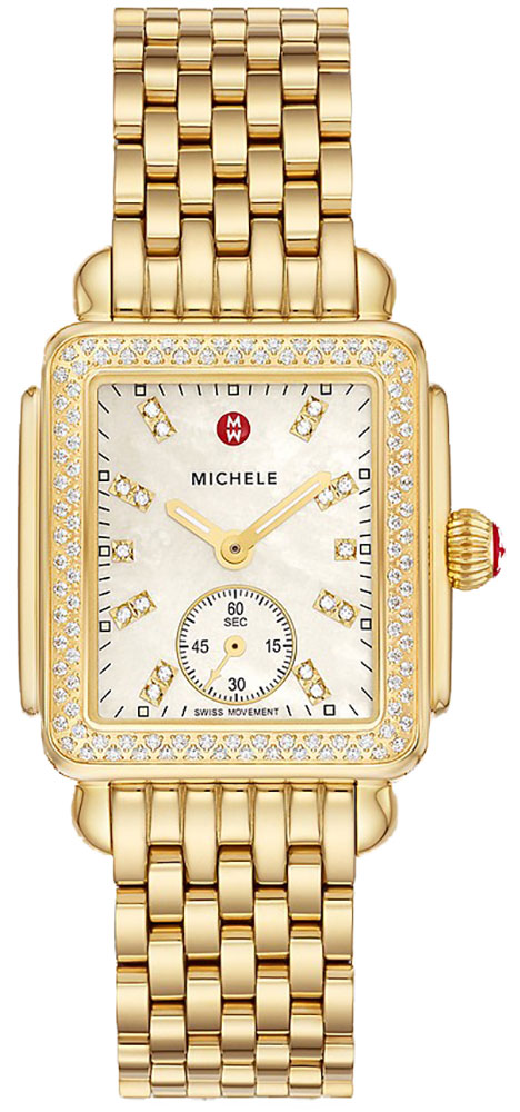 Michele Deco Mid Diamond White MOP Dial 18K Gold-Tone Stainless Steel Bracelet Watch, 29mm Michele Deco Mid Diamond White MOP Dial 18K Gold-Tone Stainless Steel Bracelet Watch, 29mm