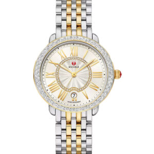 Michele Serein Mid 36mm Watch with White Sunray Diamond Dial and Two-Tone 18K Gold Bracelet