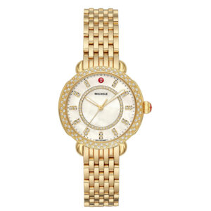 Michele Sidney Classic MOP w/ Diamond Dial Gold Bracelet Watch, 33mm