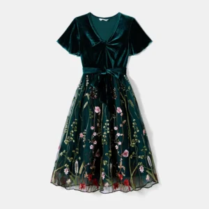 Mommy and Me Velet Splice Floral Embroidered Long-Sleeved Mesh Dresses