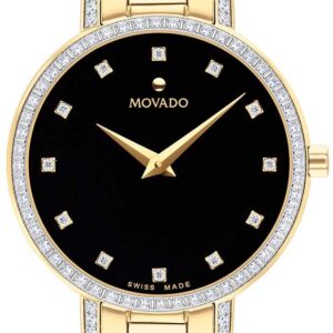 Movado Faceto Black w/ Diamonds Dial Gold-Tone SS Bracelet Watch, 28mm