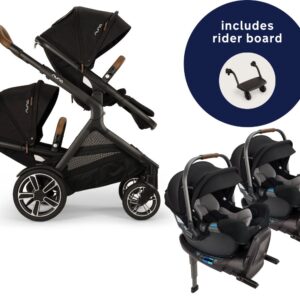Nuna DEMI Next Twin Double Stroller with Rider Board + PIPA RX Travel System Bundle - Caviar