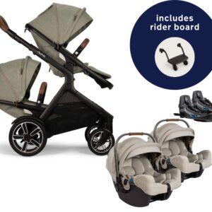 Nuna DEMI Next Twin Double Stroller with Rider Board + PIPA RX Travel System Bundle - Hazelwood