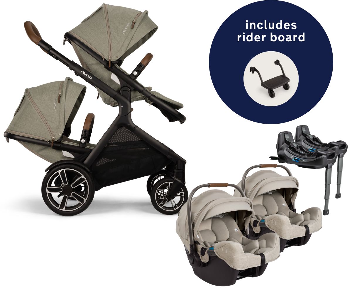 Nuna DEMI Next Twin Double Stroller with Rider Board + PIPA RX Travel System Bundle - Hazelwood Nuna DEMI Next Twin Double Stroller with Rider Board + PIPA RX Travel System Bundle - Hazelwood