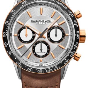 Raymond Weil Freelancer Automatic Chronograph Silver Dial Brown Leather Strap Watch, 43.5mm