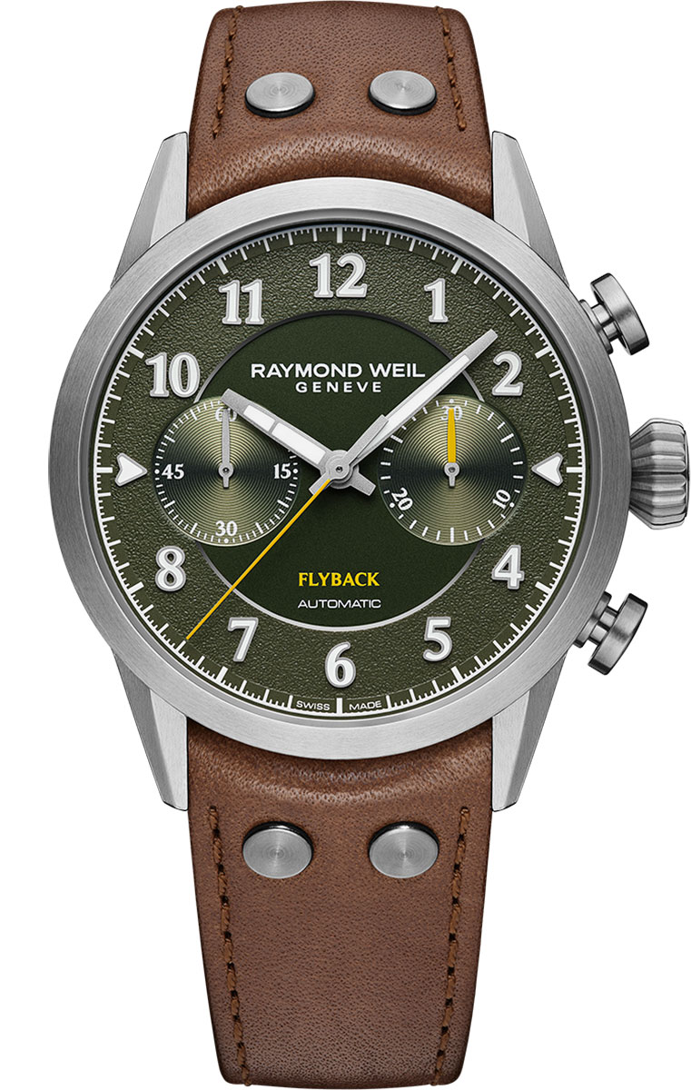 Raymond Weil Freelancer Pilot Flyback 42mm Watch with Green Dial and Brown Leather Strap Raymond Weil Freelancer Pilot Flyback 42mm Watch with Green Dial and Brown Leather Strap