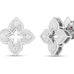 Roberto Coin Petite Venetian Princess XS Satin and Diamond Accent Flower Earrings in 18K White Gold
