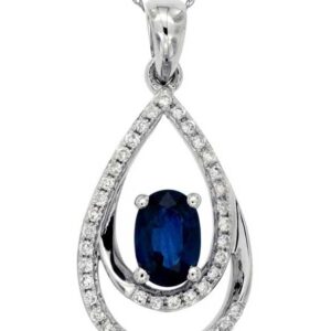 Royal Jewelry 14K White Gold Oval Sapphire & Diamond Pear Pendant Necklace