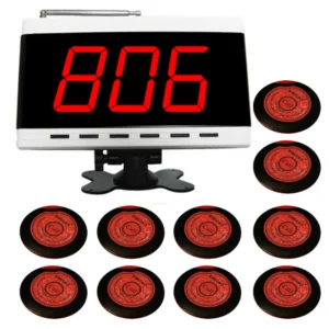 SINGCALL for Bank, Cafe, Bar, Wireless Hotel Service Calling System, 1 Screen Receiver and 10 APE700 Red Bells