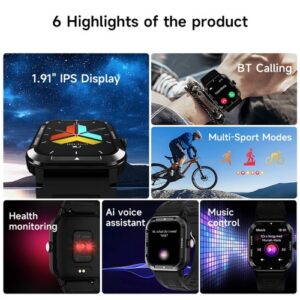Smartwatch 1.91-inch Large Screen High-clear Display Comprehensive Health Monitoring Multi-function Sports Mode Waterproof IP67 Watch for Men and Women Blood Pressure Monitor Glucose Monitor Watch