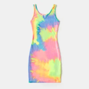 Tie Dye Round Neck Sleeveless Bodycon Dress for Mom and Me